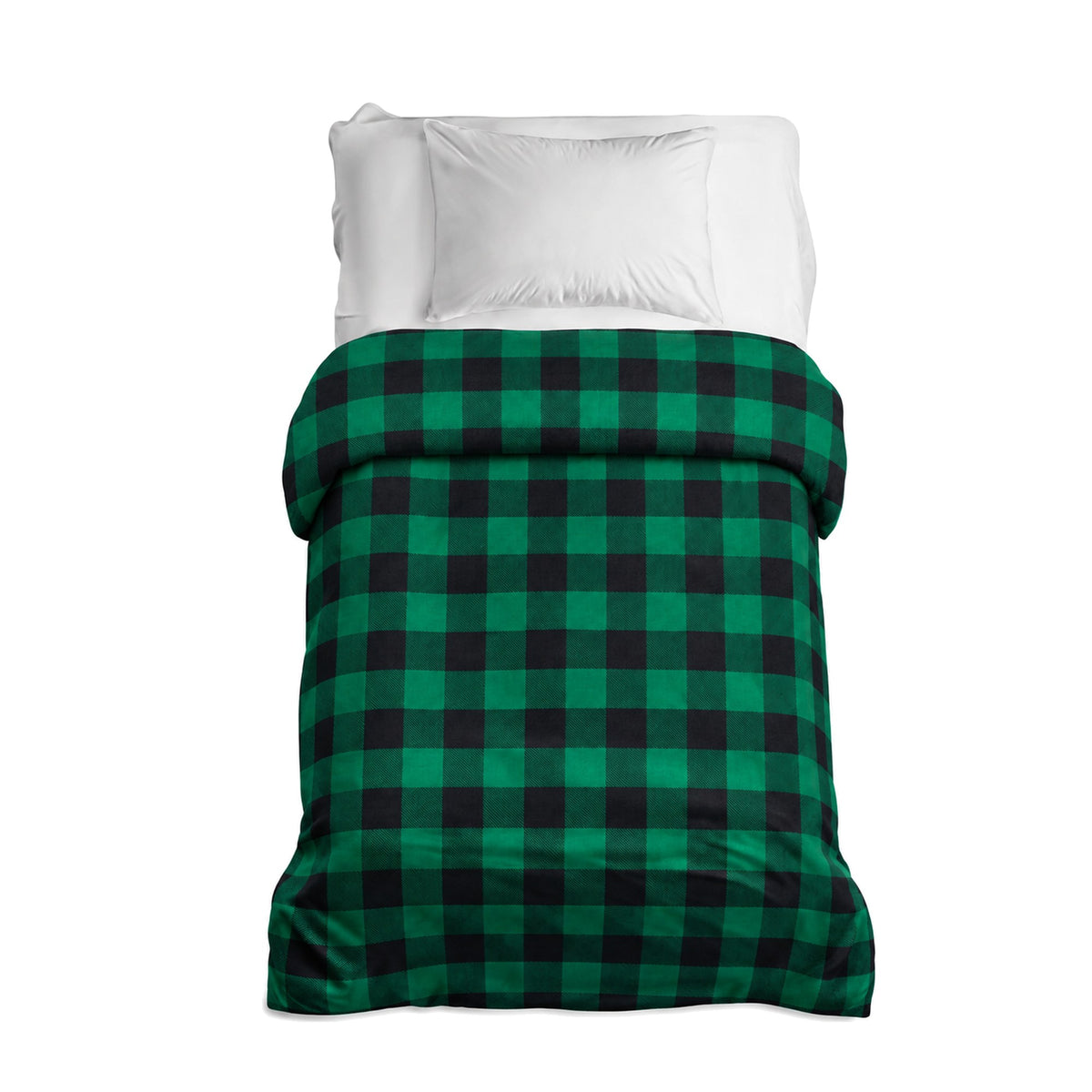 Housse en flanelle à carreaux verts sur un lit simple avec un coussin blanc