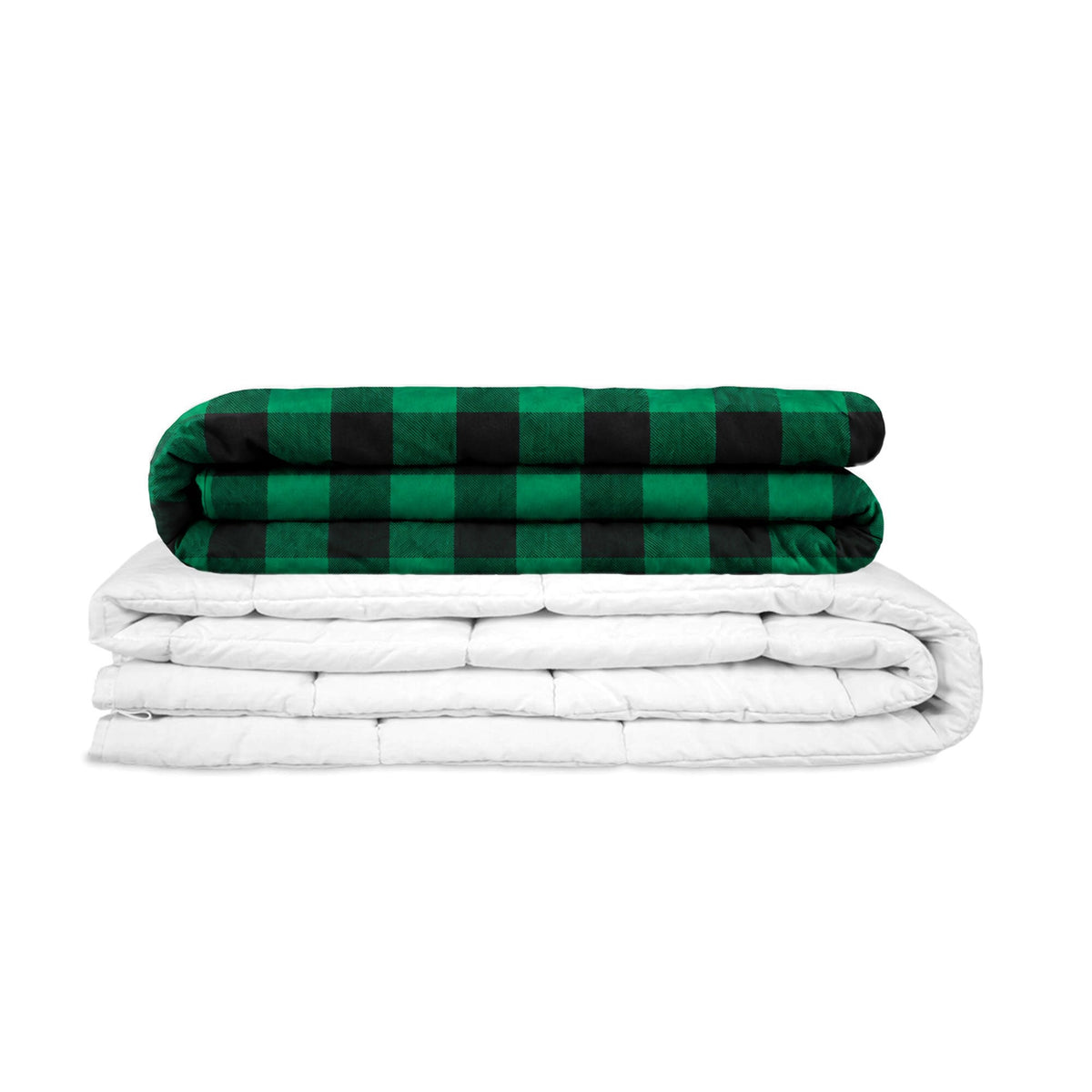 Couverture thérapeutique avec housse en flanelle à carreaux verts, pliée sur la couverture intérieure blanche – détourée