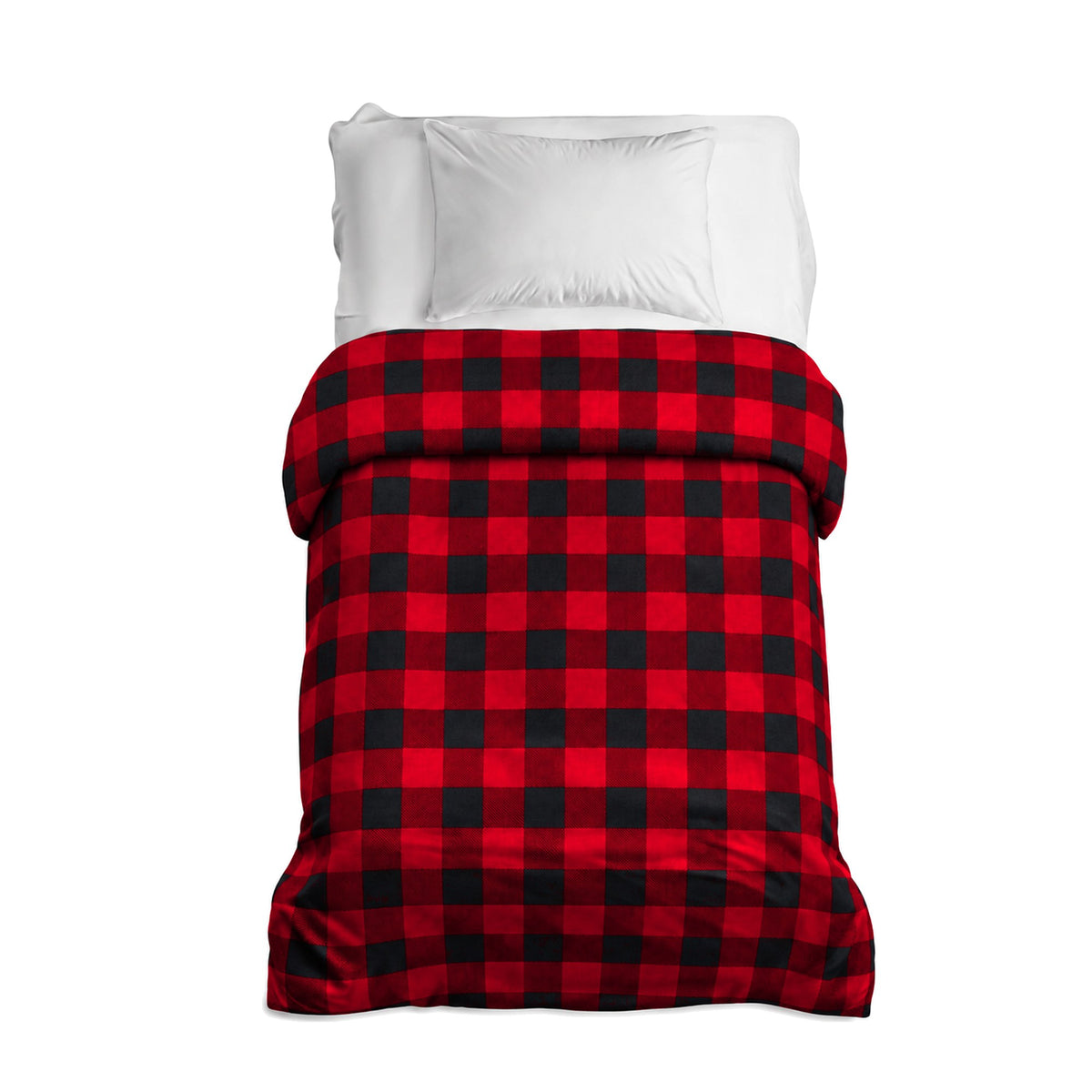 Housse en flanelle à carreaux rouges sur un lit simple avec un coussin blanc