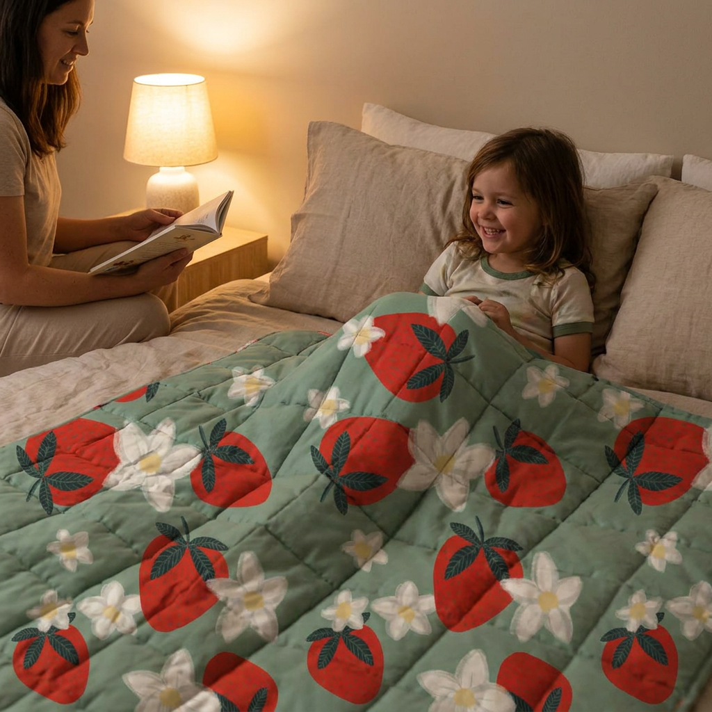 Enfant au lit sous la couverture lestée médicale à motif fraises, pendant que sa mère lui fait la lecture