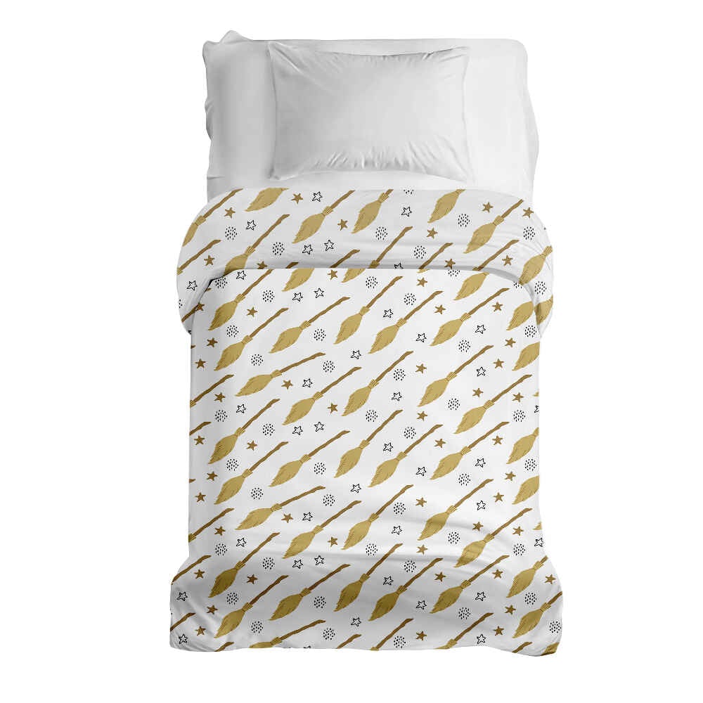 Couverture thérapeutique originale - Housse en coton blanc avec le balai de Harry