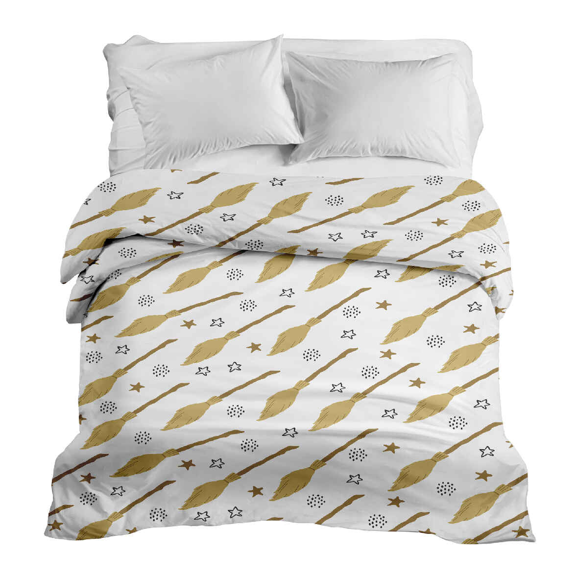 Couverture thérapeutique originale - Housse en coton blanc avec le balai de Harry