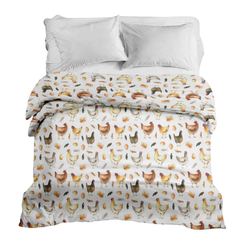 Couverture thérapeutique originale - Housse en coton blanche avec poules