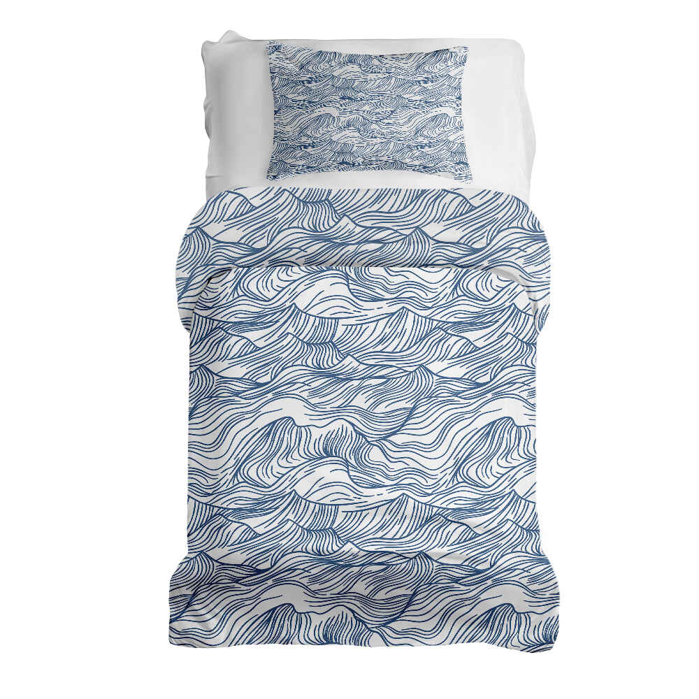 Ensemble de linge de lit avec couverture thérapeutique motifs ondulés en bleu