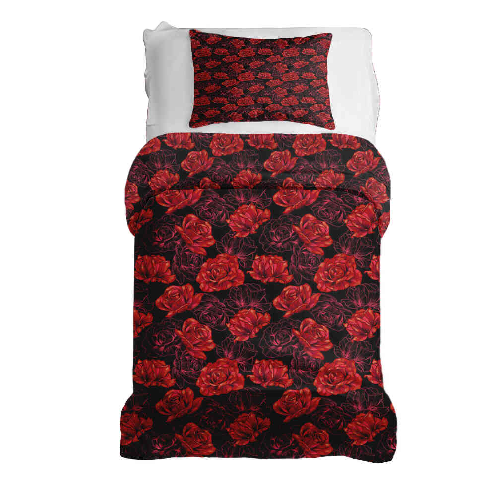 Original Therapiedecke - Ensemble de literie en coton noir avec roses rouges