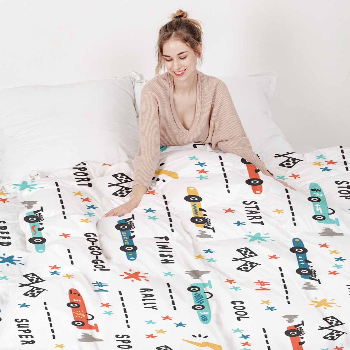 Couette de thérapie Ensemble de literie blanc avec voitures de course