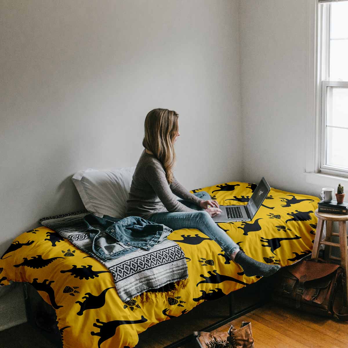 Couverture thérapeutique originale - Housse en coton jaune avec dinosaures
