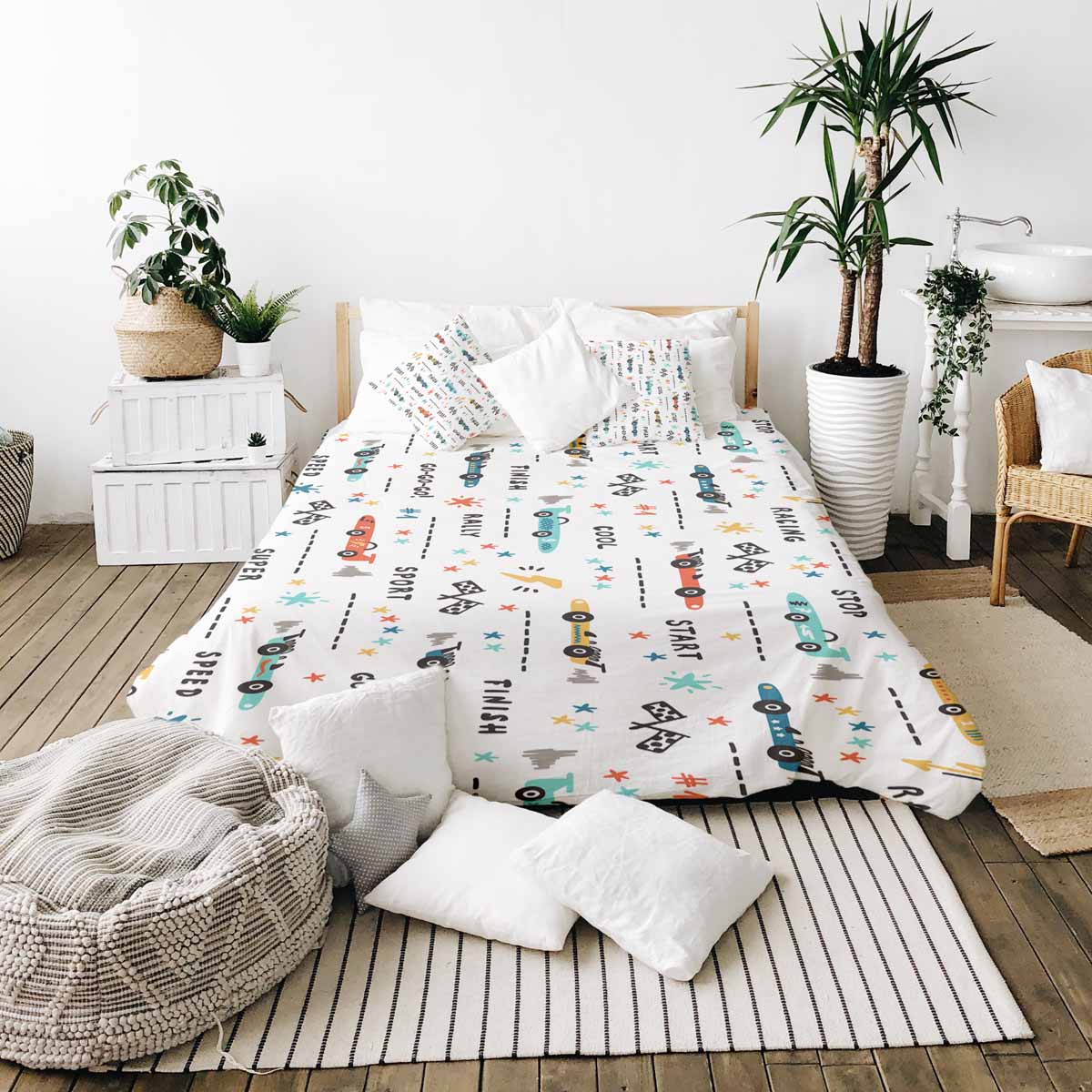 Couette de thérapie Ensemble de literie blanc avec voitures de course