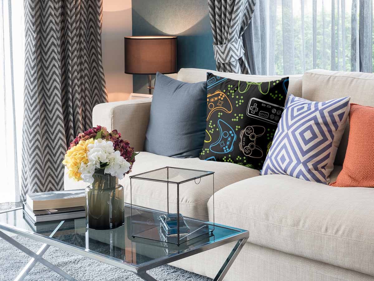 Coussin de santé noir avec consoles de jeux