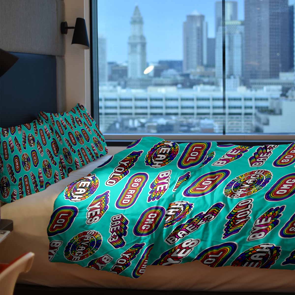 Couverture thérapeutique originale - Housse en coton turquoise avec inscriptions