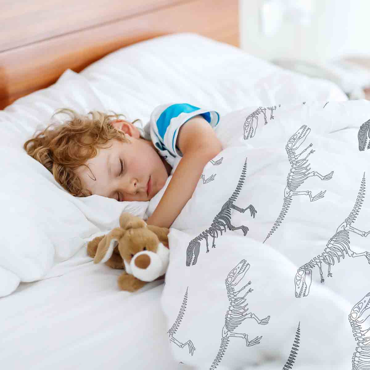 Couverture thérapeutique originale - Housse en coton blanc avec squelette de dinosaure