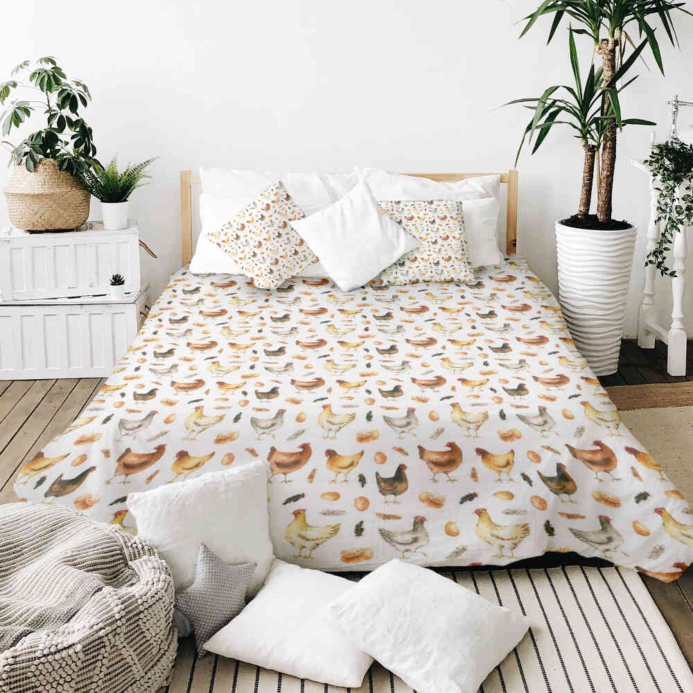 Couverture thérapeutique originale - Housse en coton blanche avec poules