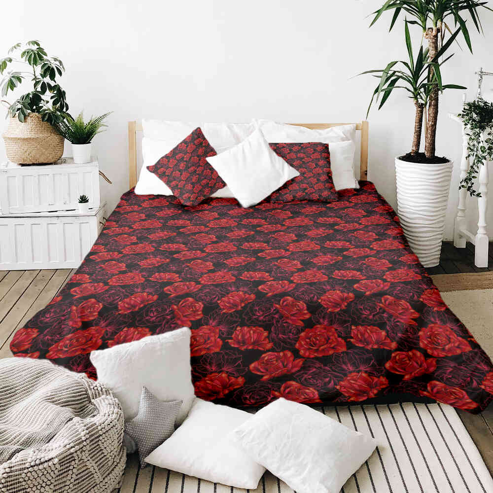 Couverture thérapeutique originale - Housse en coton noire avec des roses rouges