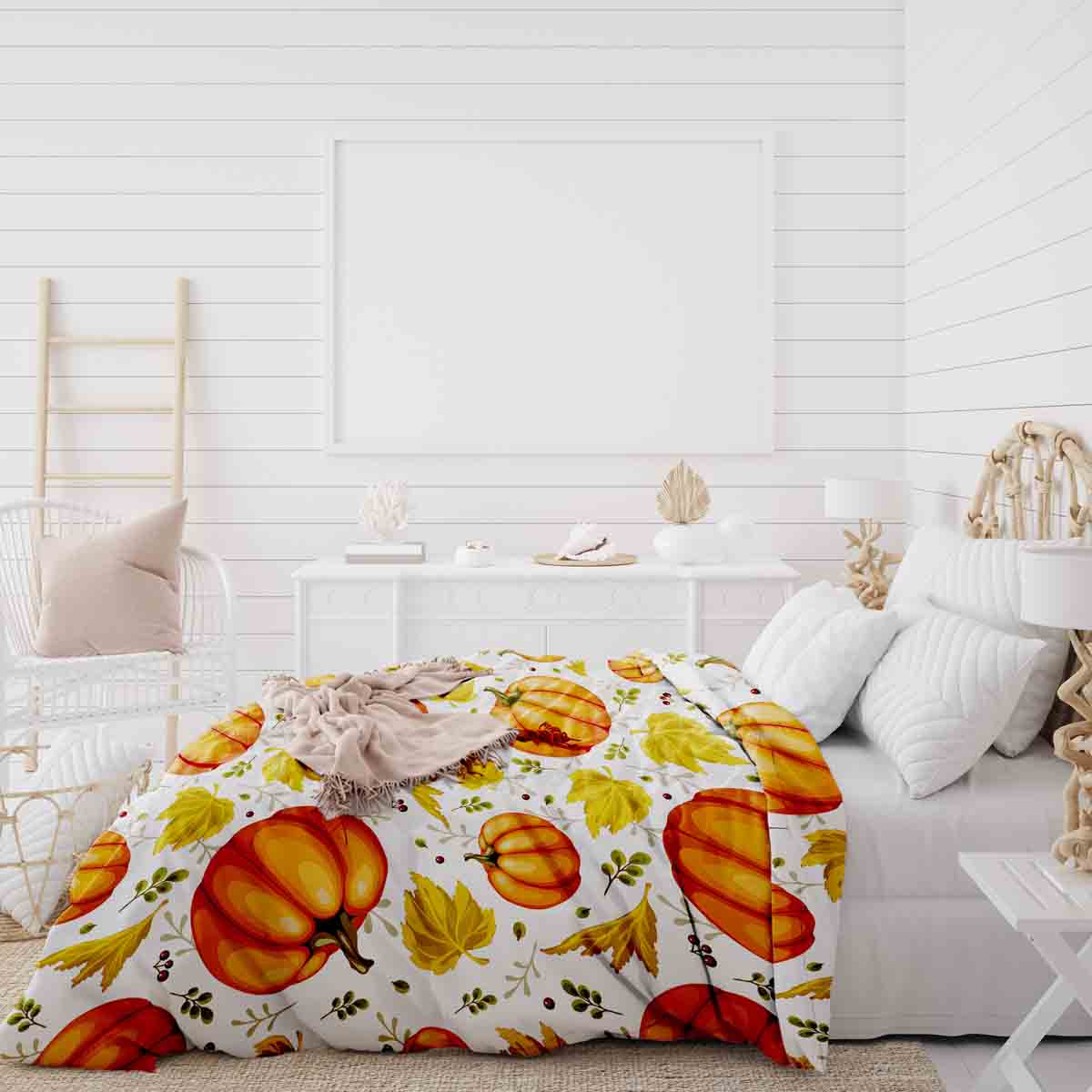 Couverture thérapeutique originale - Housse en coton blanc avec de grandes citrouilles