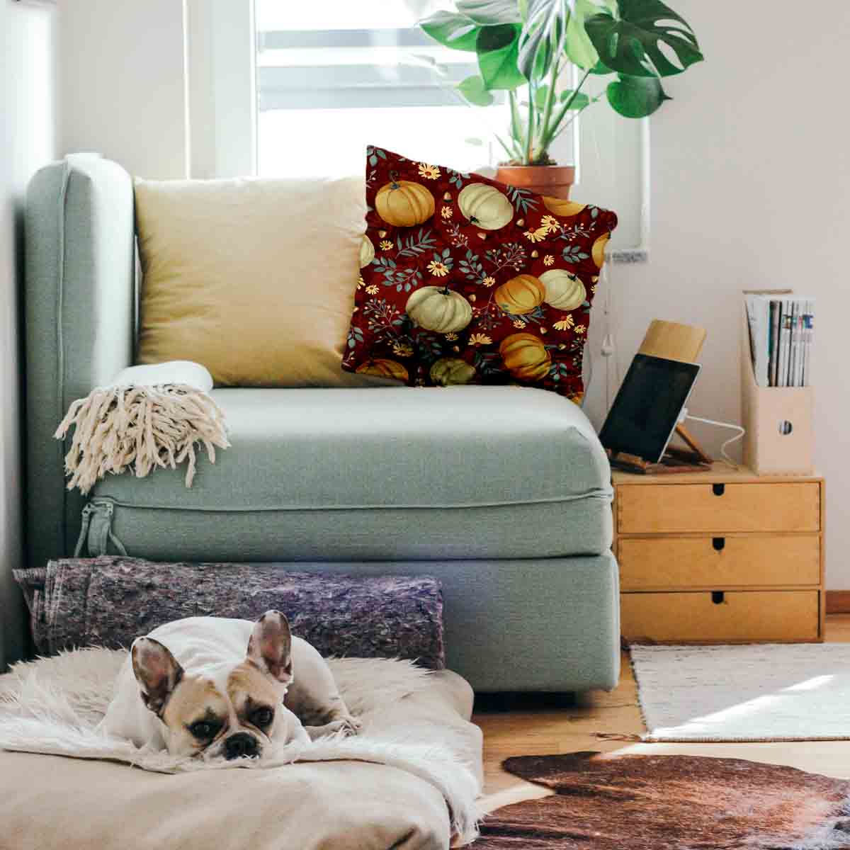 Coussin de santé rouge avec des citrouilles