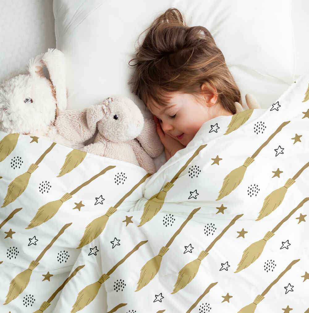 Couverture thérapeutique originale - Housse en coton blanc avec le balai de Harry