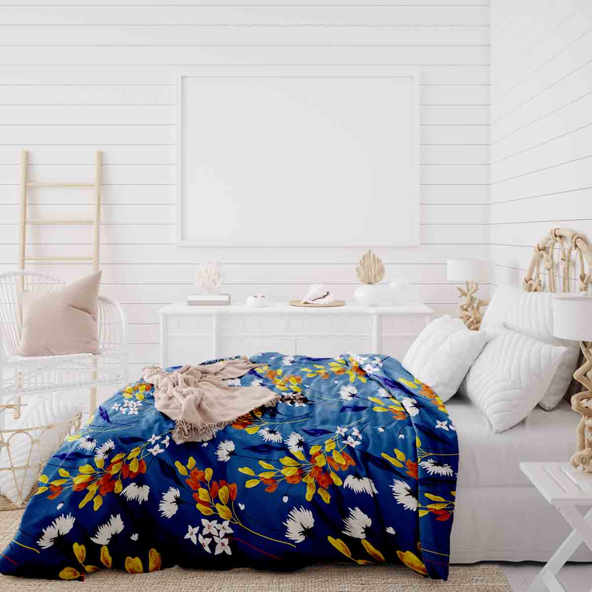 Original Therapiedecke - Ensemble de literie en coton Bleu avec bouquet de fleurs