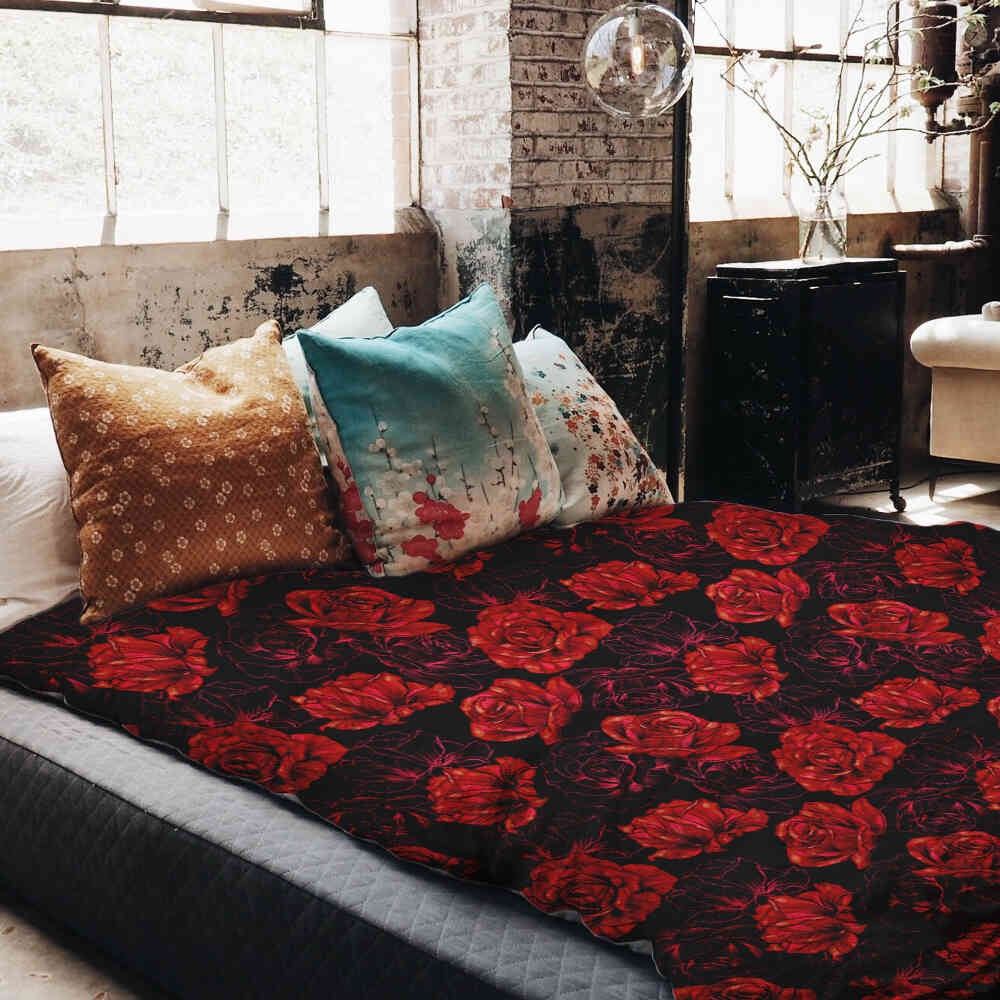 Original Therapiedecke - Ensemble de literie en coton noir avec roses rouges