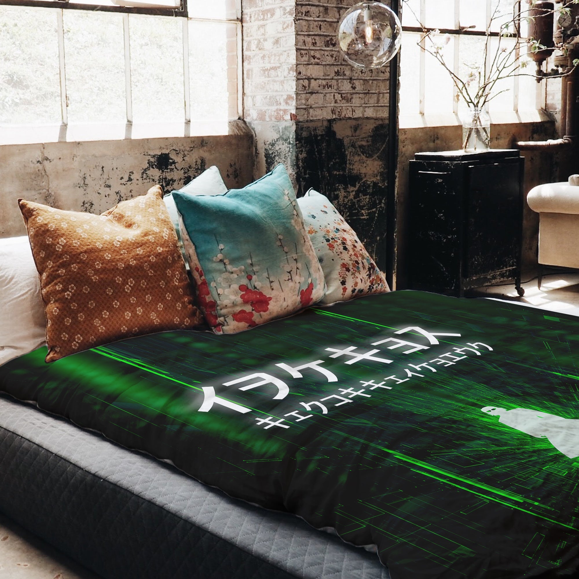Couverture Thérapeutique Originale TD - Ensemble de Literie en Coton Vert avec Caractères d'Écriture