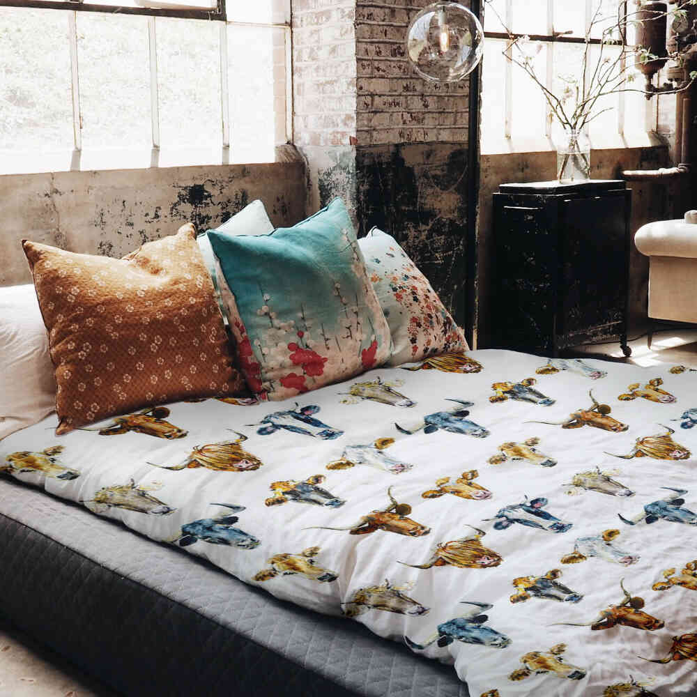 Couverture thérapeutique originale - Housse en coton blanc avec têtes de taureau