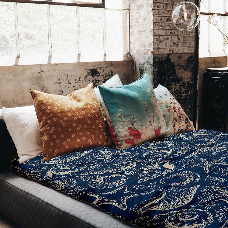 Couverture thérapeutique originale - Housse en coton bleue avec coquillages