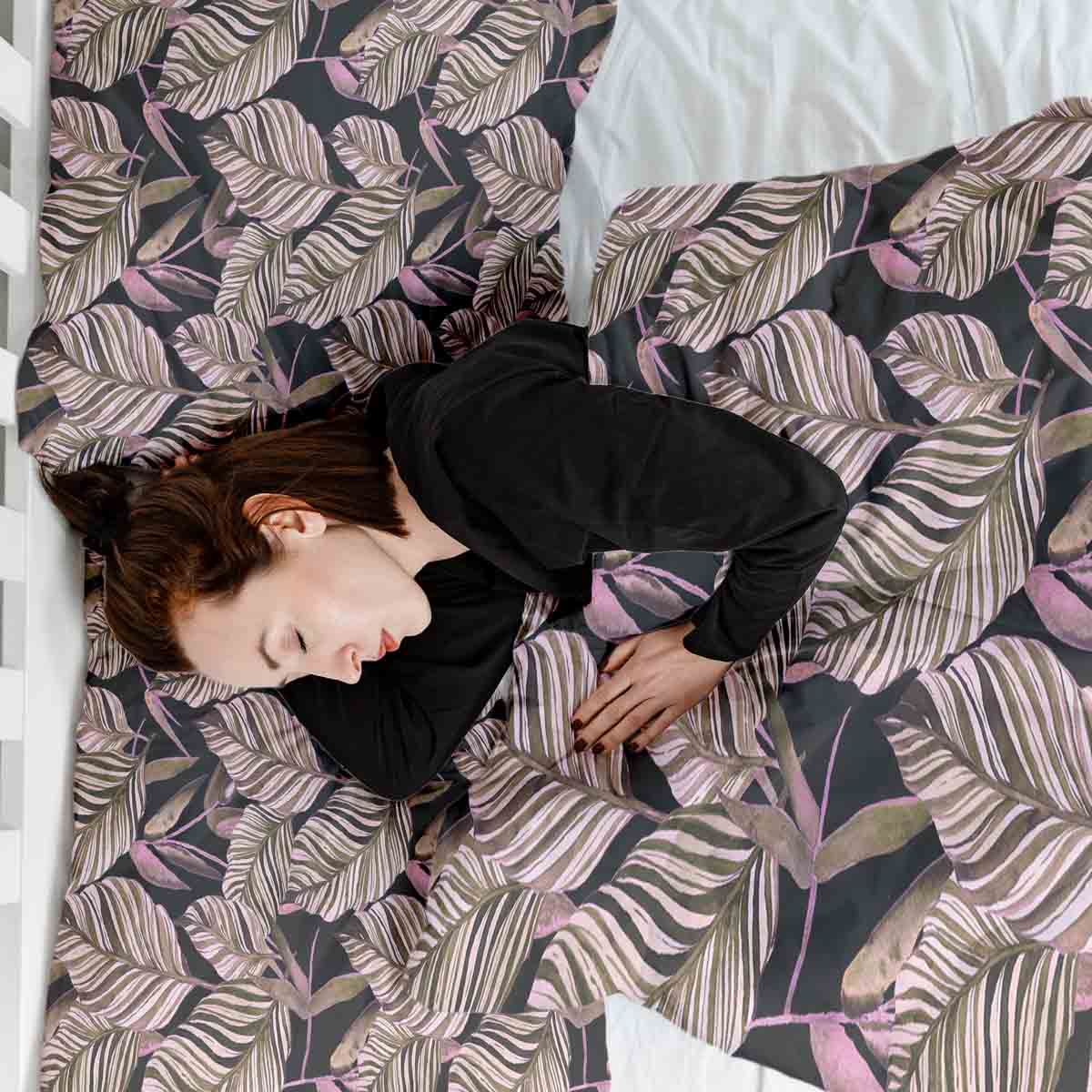 Original Therapiedecke - Ensemble de literie en coton Noir avec feuilles lilas