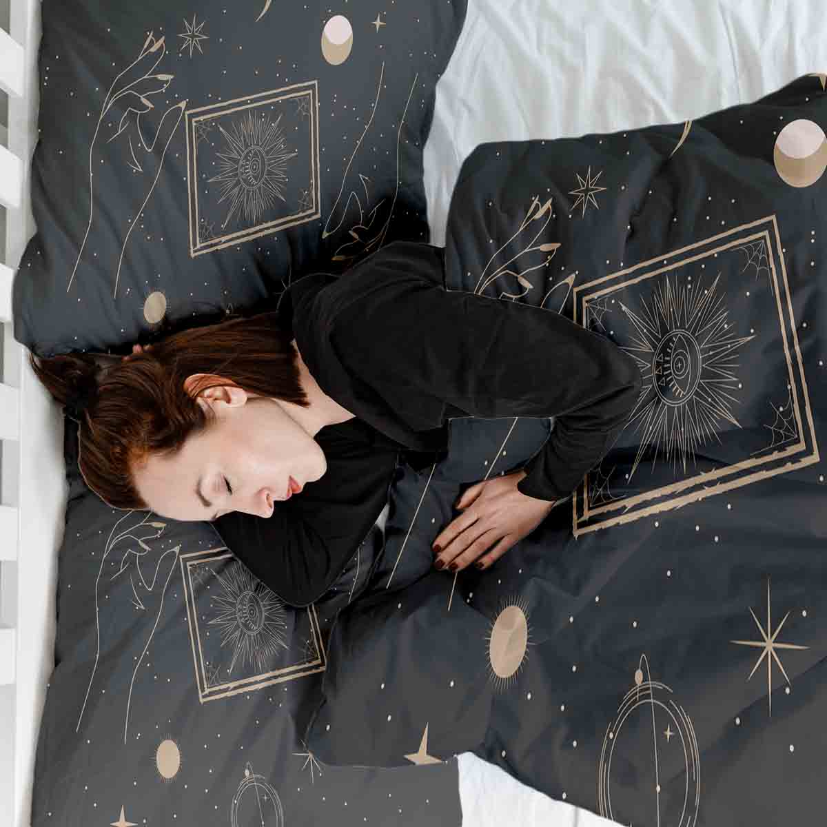 Original Therapiedecke - Ensemble de literie en coton Noir avec Soleil, Lune et Étoiles