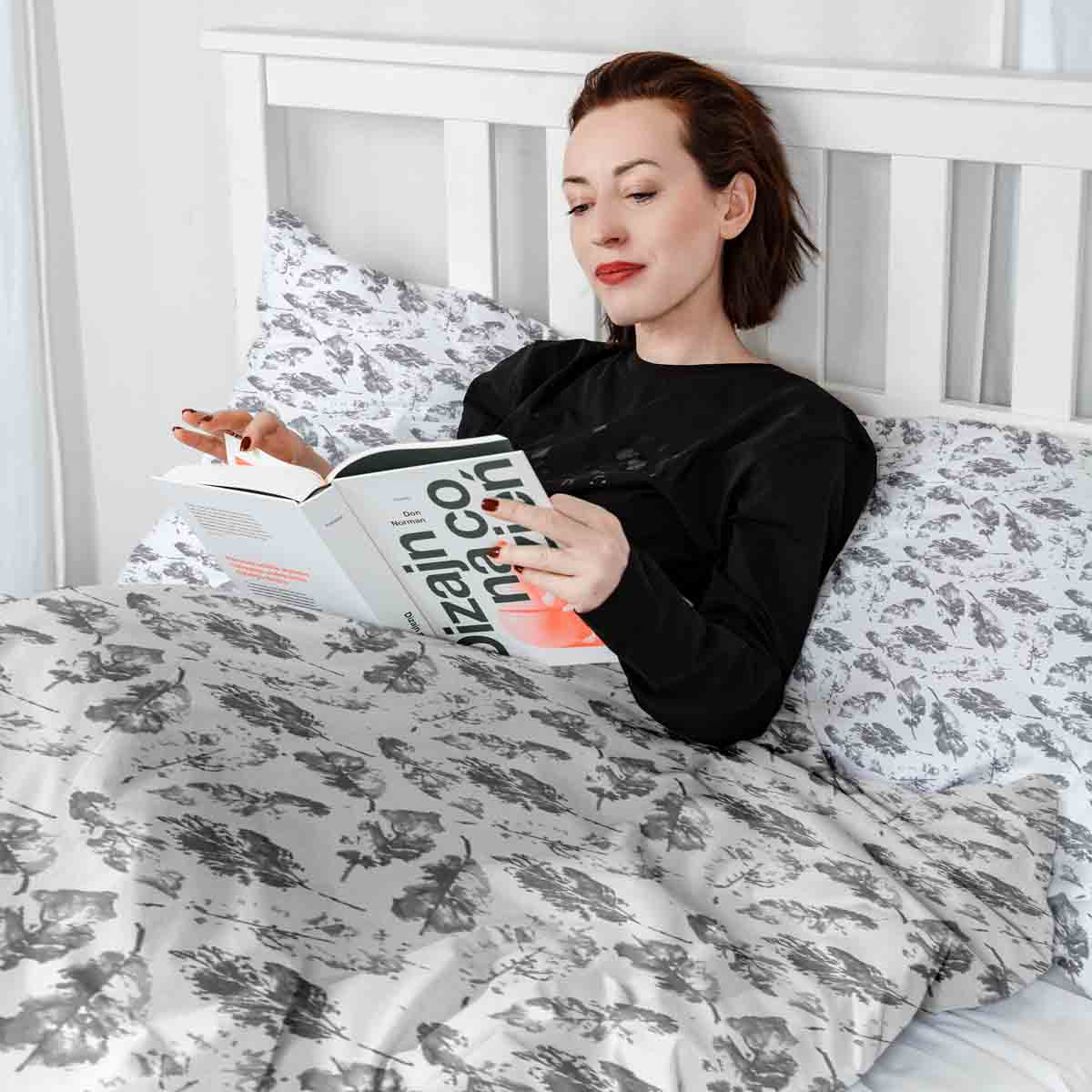Couette de thérapie Ensemble de literie blanc avec feuilles grises