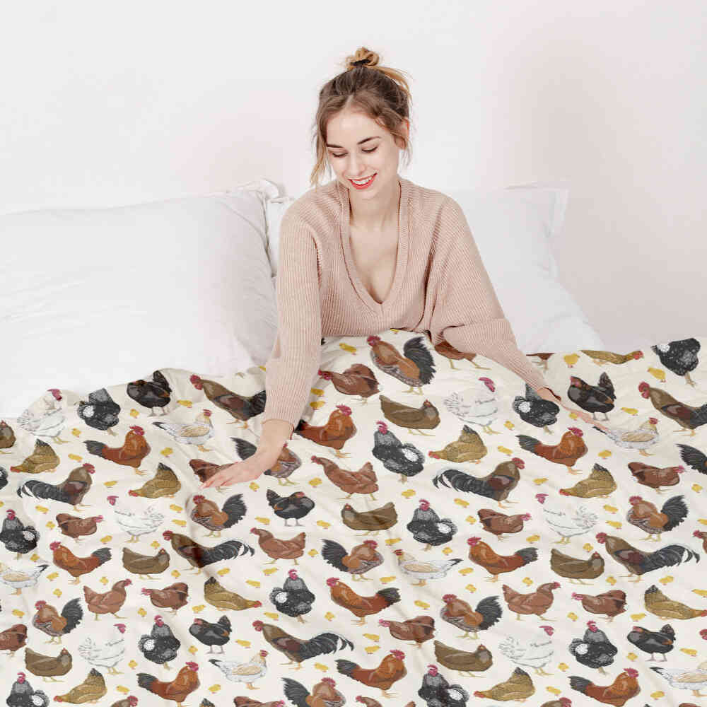 Couverture thérapeutique originale - Housse en coton blanc avec beaucoup de poulets