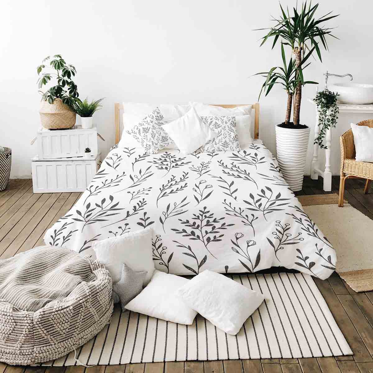 Couverture thérapeutique originale - Housse en coton blanc avec branches noires