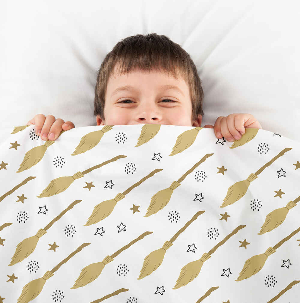 Couverture thérapeutique originale - Housse en coton blanc avec le balai de Harry