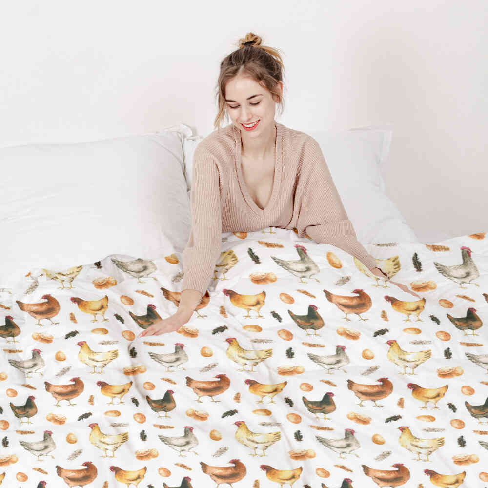 Original Therapiedecke - Ensemble de literie en coton blanc avec poules
