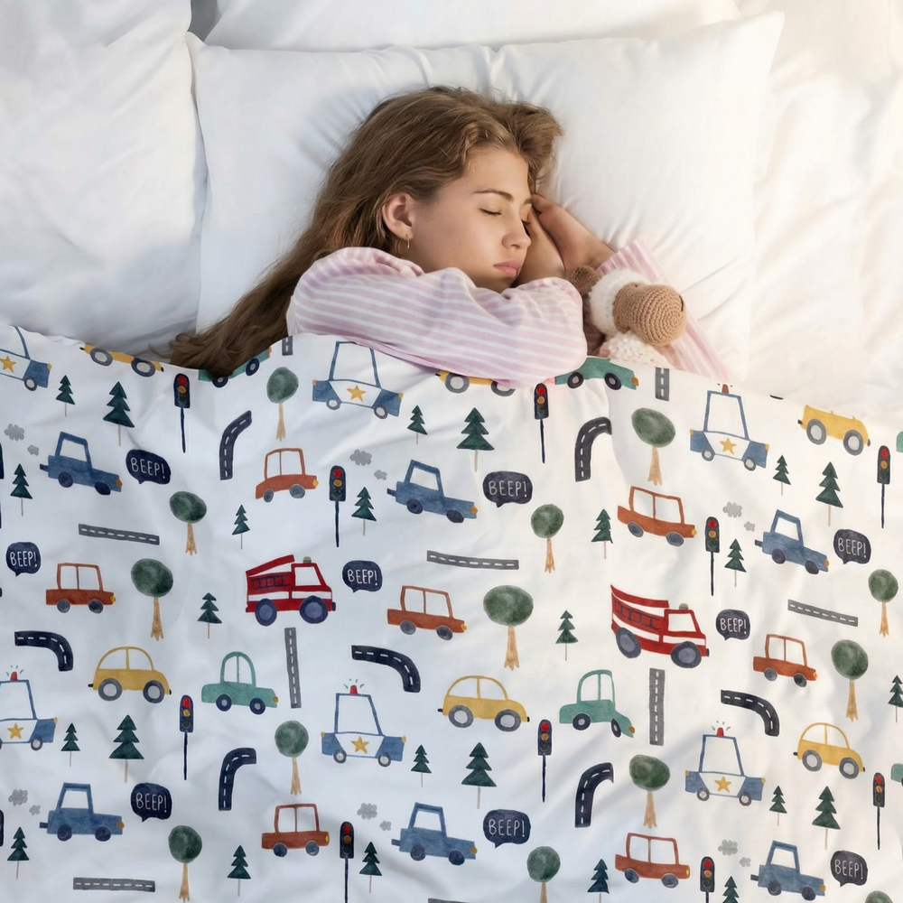 Couverture thérapeutique originale - Couverture lestée motif voitures avec housse en coton pour enfants