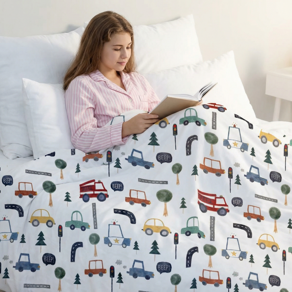 Couverture thérapeutique originale - Couverture lestée motif voitures avec housse en coton pour enfants