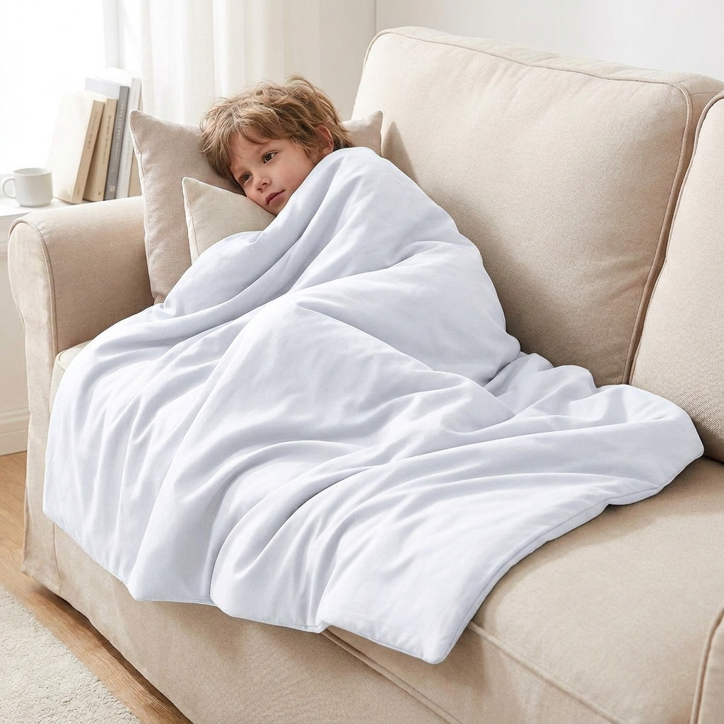 Couverture Thérapeutique Originale - Couverture Lestée avec Housse en Coton Blanc pour Enfants