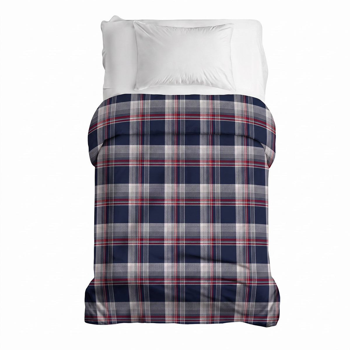 Housse en flanelle à carreaux bleus sur un lit simple avec un coussin blanc