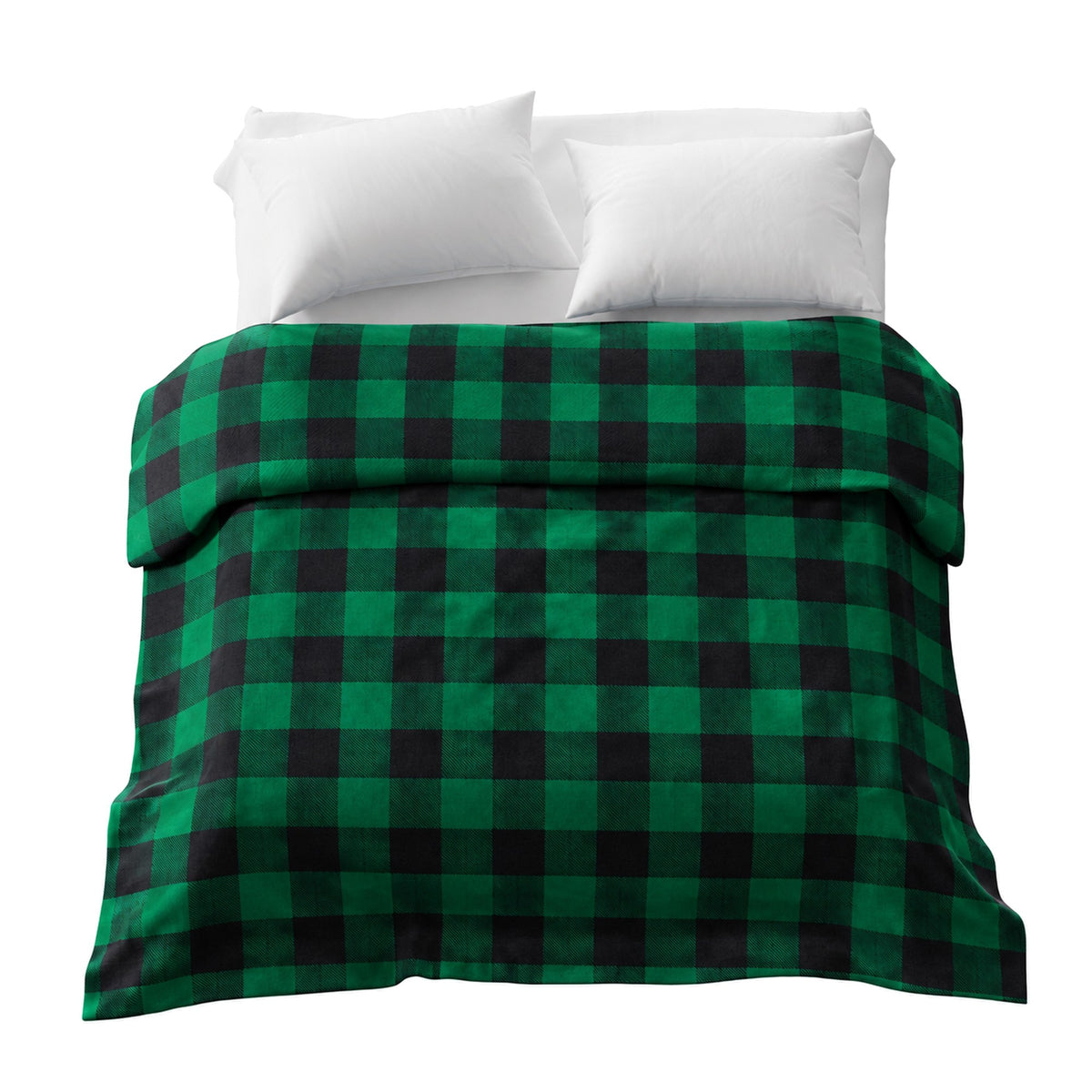 Housse en flanelle à carreaux verts sur un lit double avec deux coussins blancs