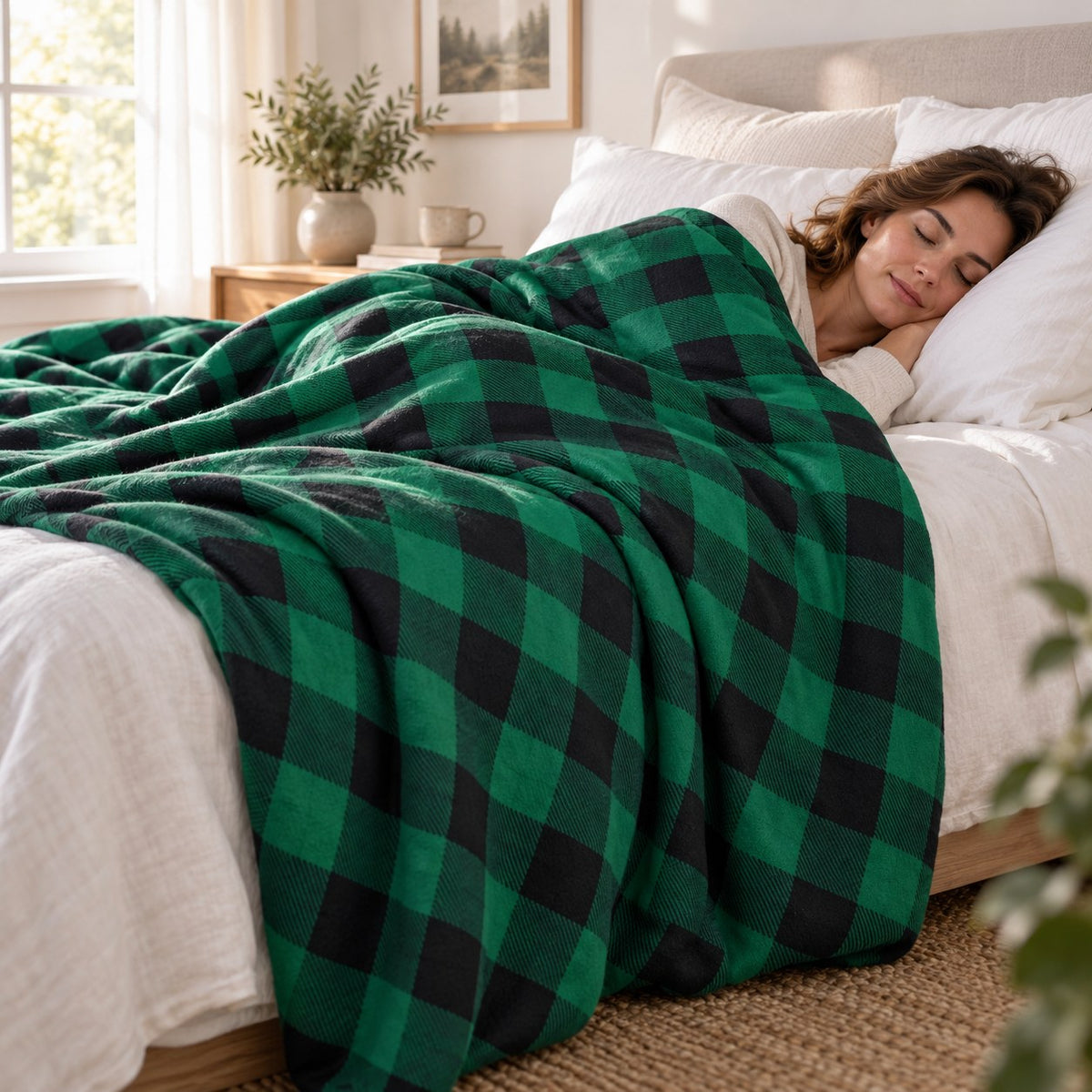 Femme dormant paisiblement sous la couverture thérapeutique avec housse en flanelle à carreaux verts
