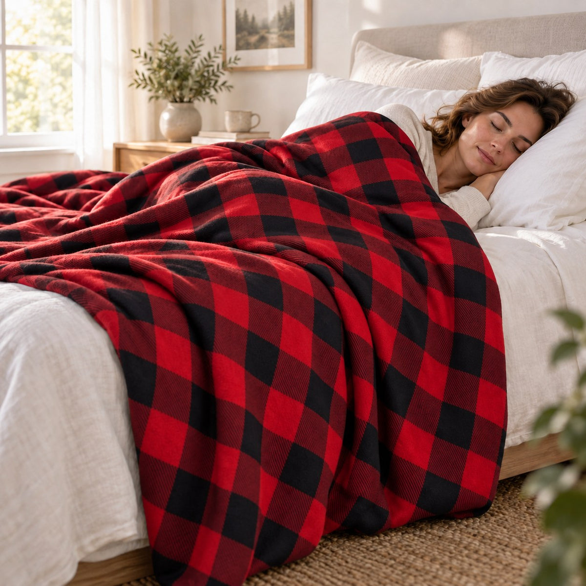 Femme dormant paisiblement sous la couverture thérapeutique avec housse en flanelle à carreaux rouges