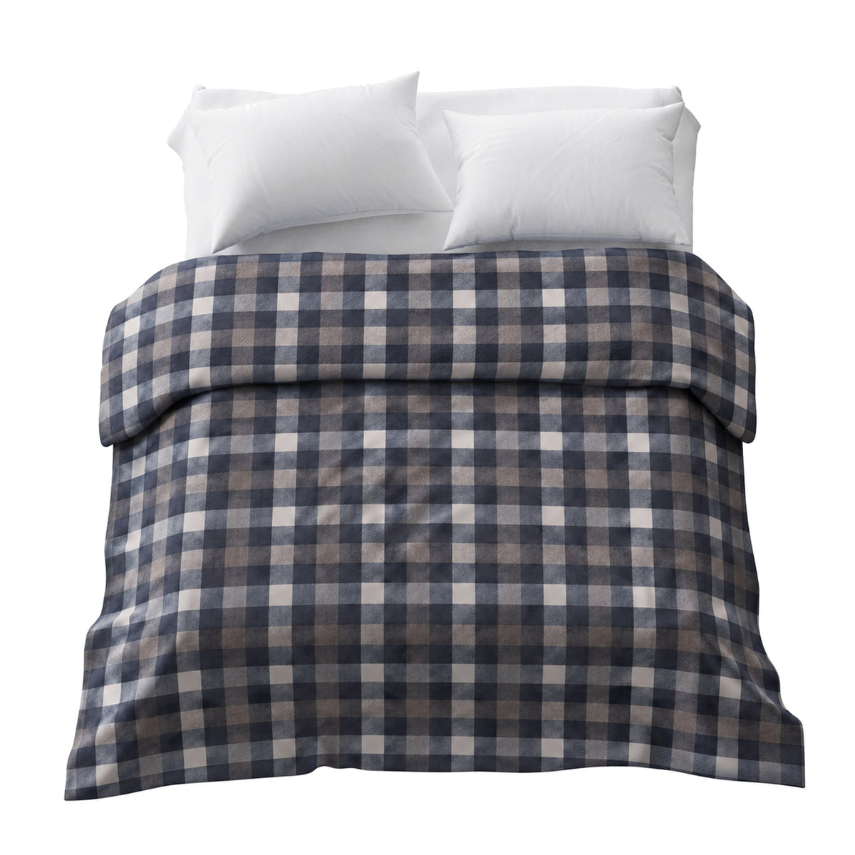 Housse en flanelle à carreaux gris sur un lit double avec deux coussins blancs