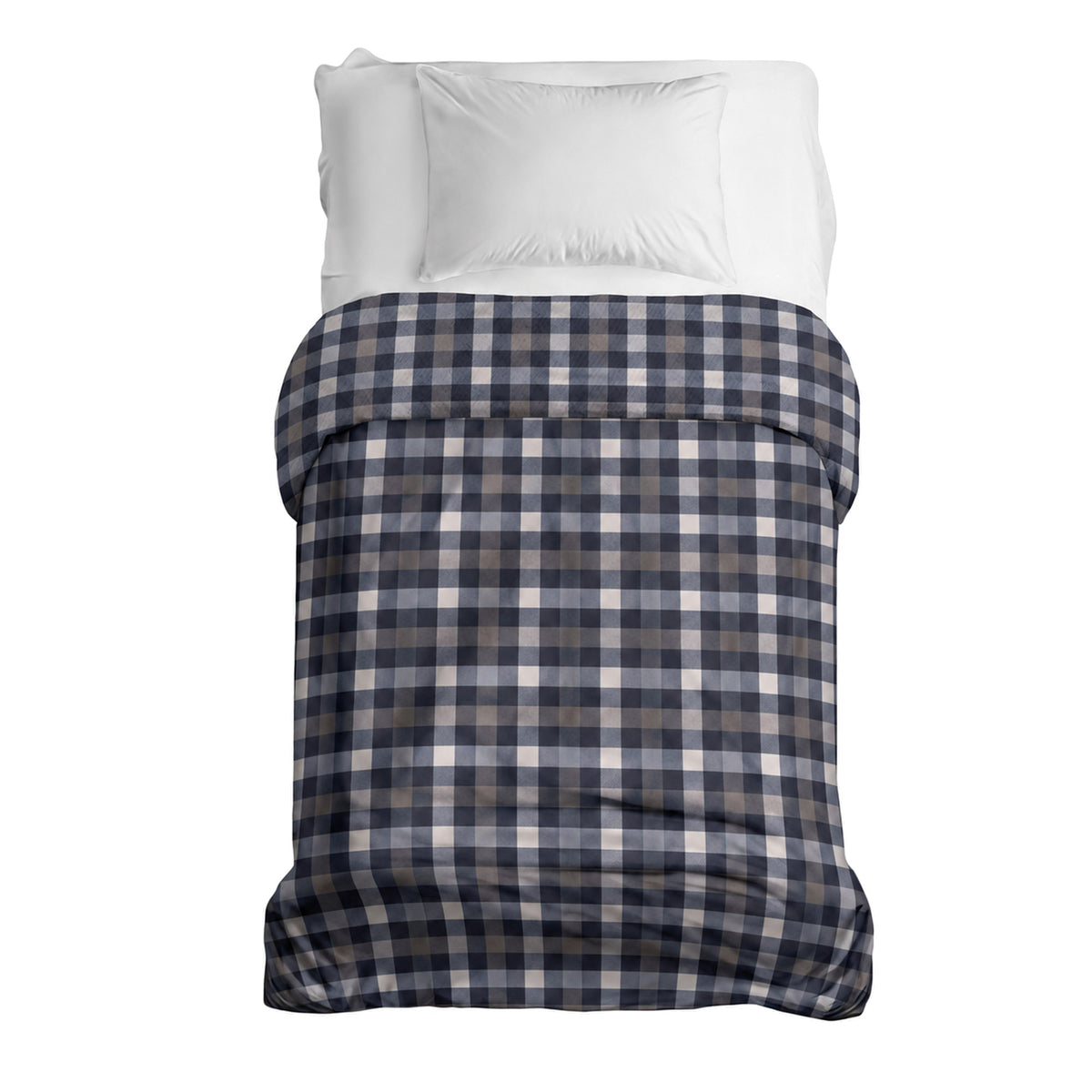 Housse en flanelle à carreaux gris sur un lit simple avec un coussin blanc