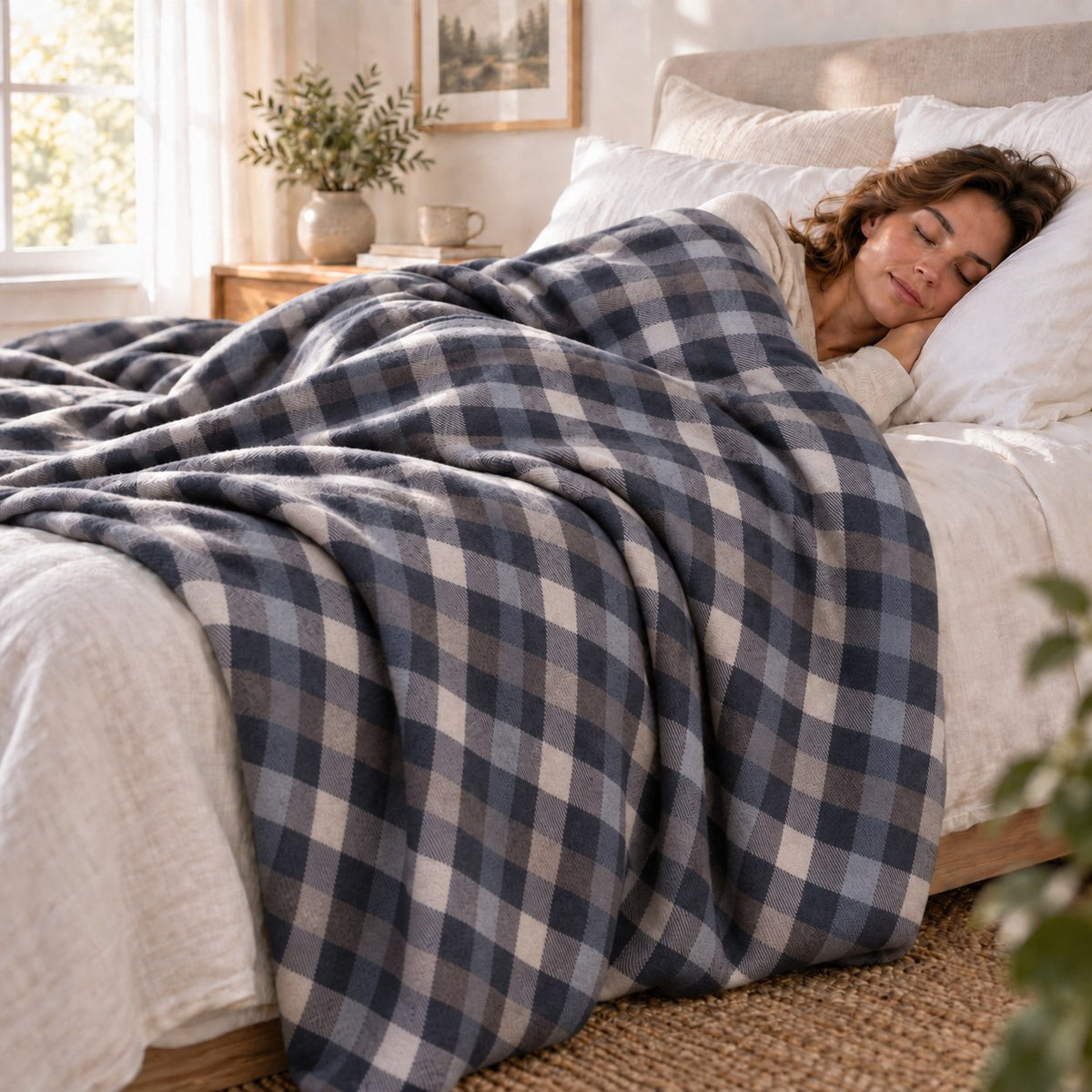 Femme dormant paisiblement sous la couverture thérapeutique avec housse en flanelle à carreaux gris