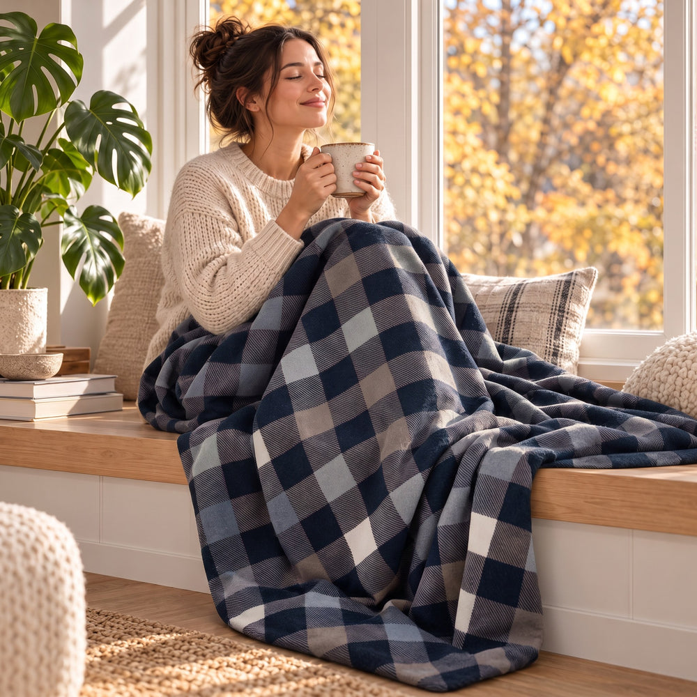 Femme se détendant près de la fenêtre, enveloppée dans la couverture thérapeutique avec housse en flanelle à carreaux gris