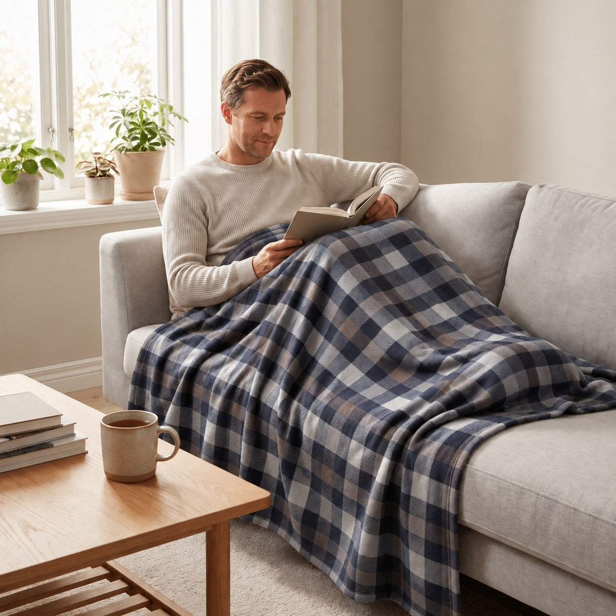 Homme lisant sur le canapé sous la couverture thérapeutique avec housse en flanelle à carreaux gris
