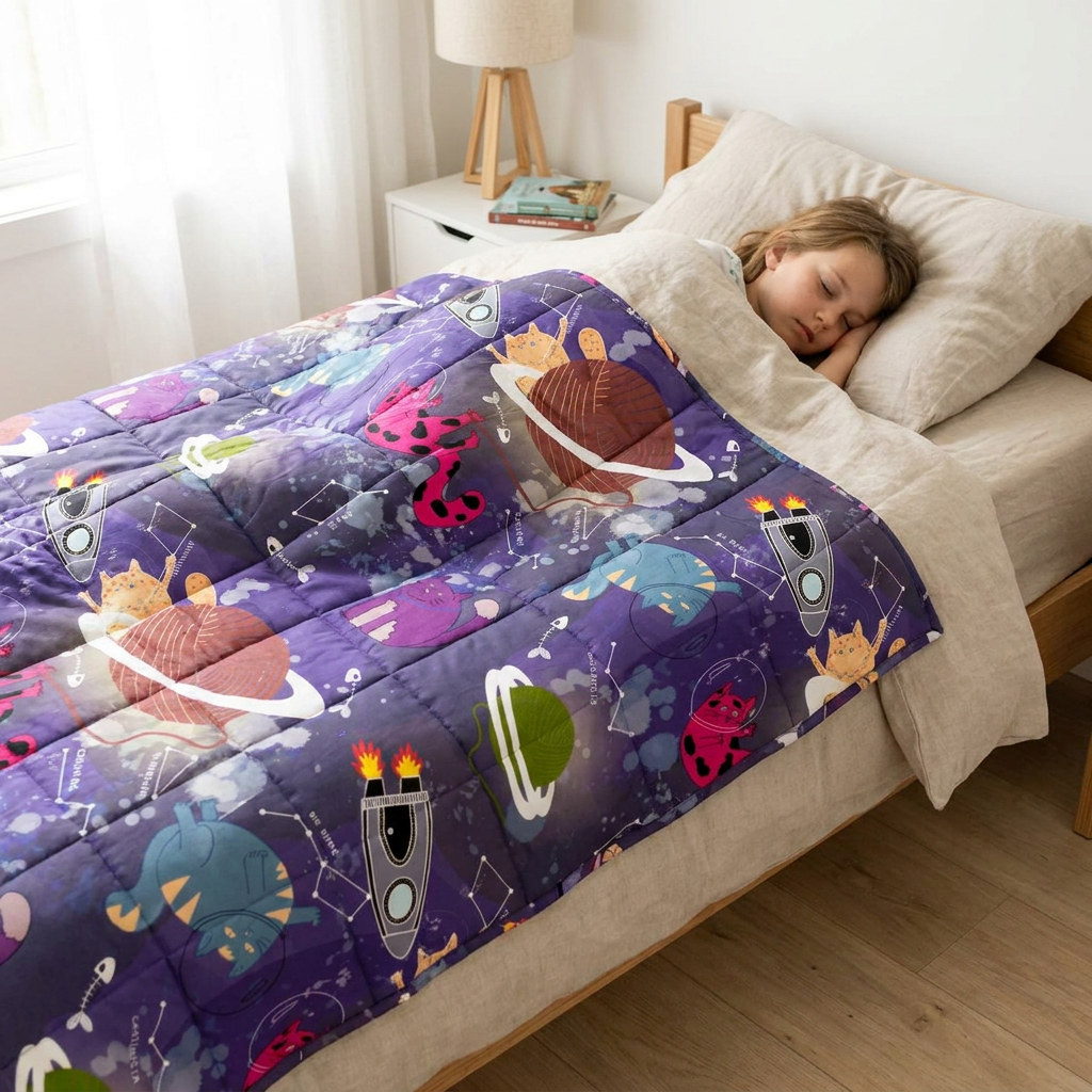 Enfant dormant sous la couverture lestée médicale à motif espace