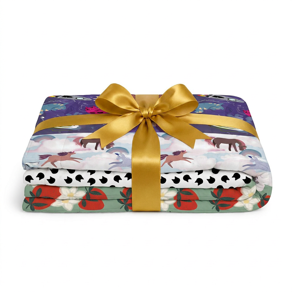 Couverture lestée médicale pour enfants à motif surprise – mélange de motifs pour enfants avec un nœud doré