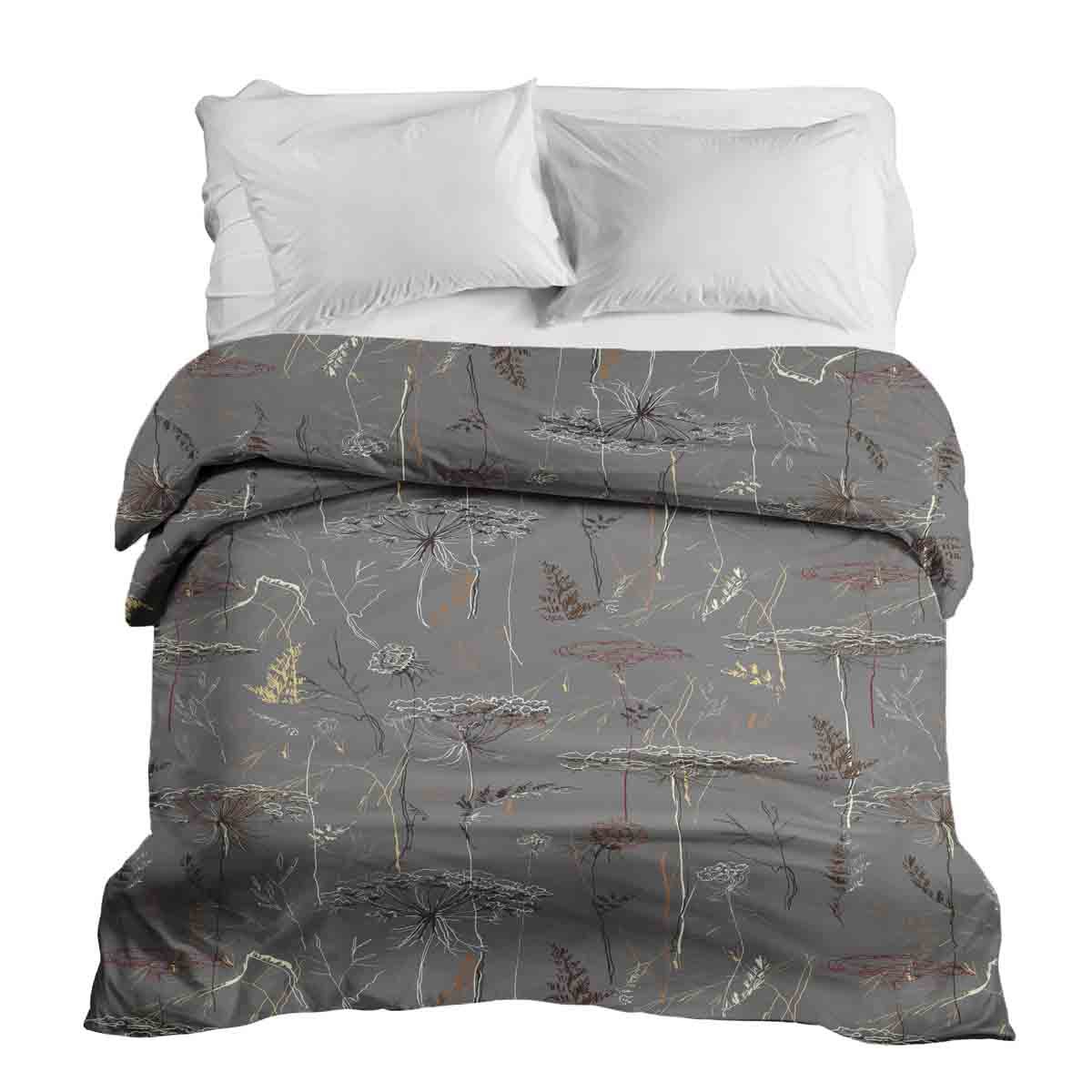 Couverture thérapeutique originale - Housse en coton grise avec plantes dorées