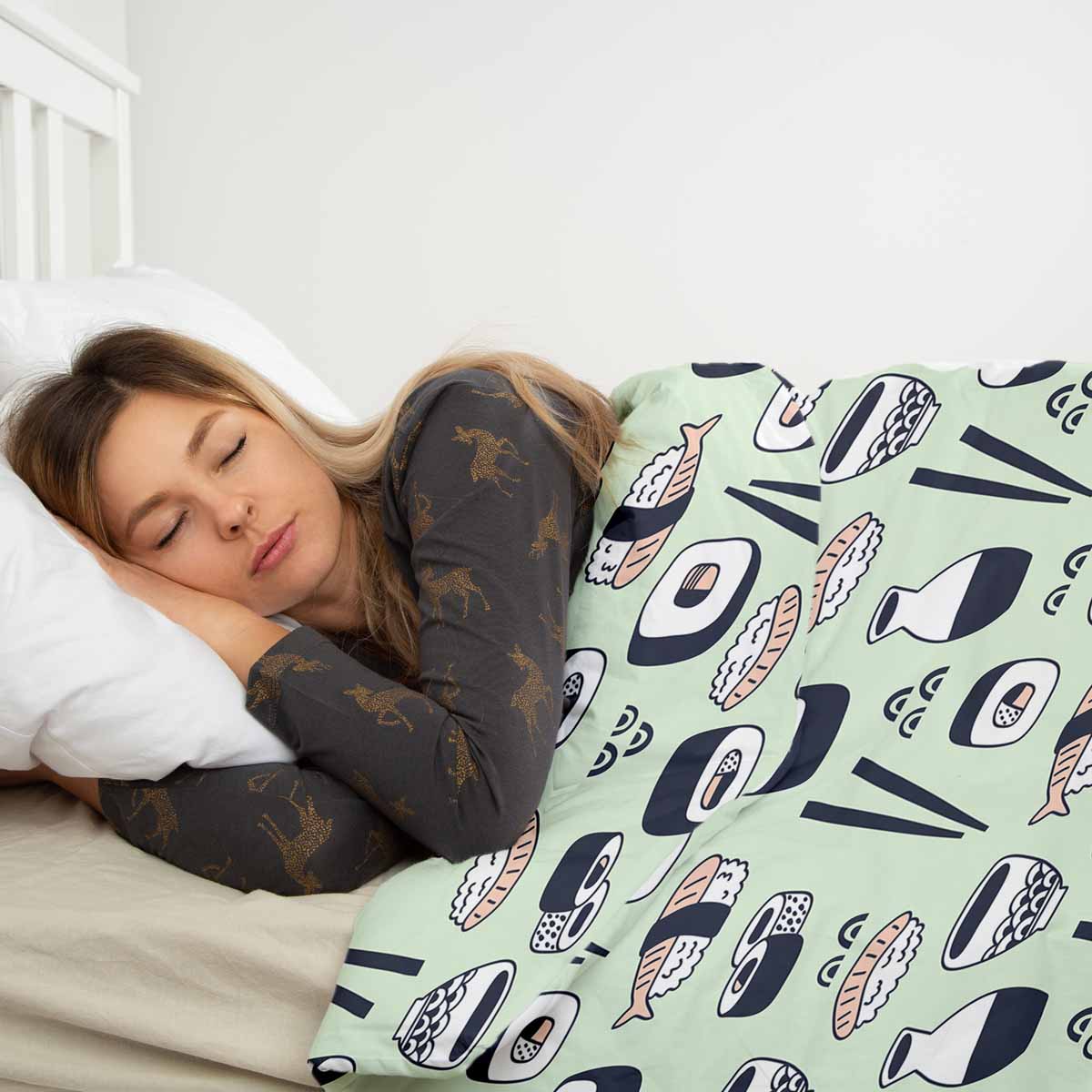 Couverture thérapeutique originale - Housse en coton vert clair avec sushi