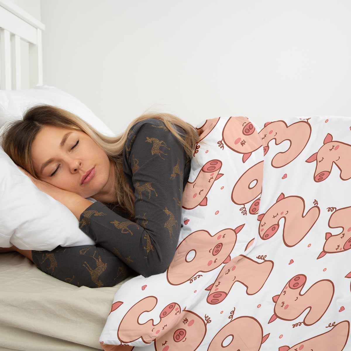 Couverture thérapeutique originale - Housse en coton blanche avec chiffres et cochons