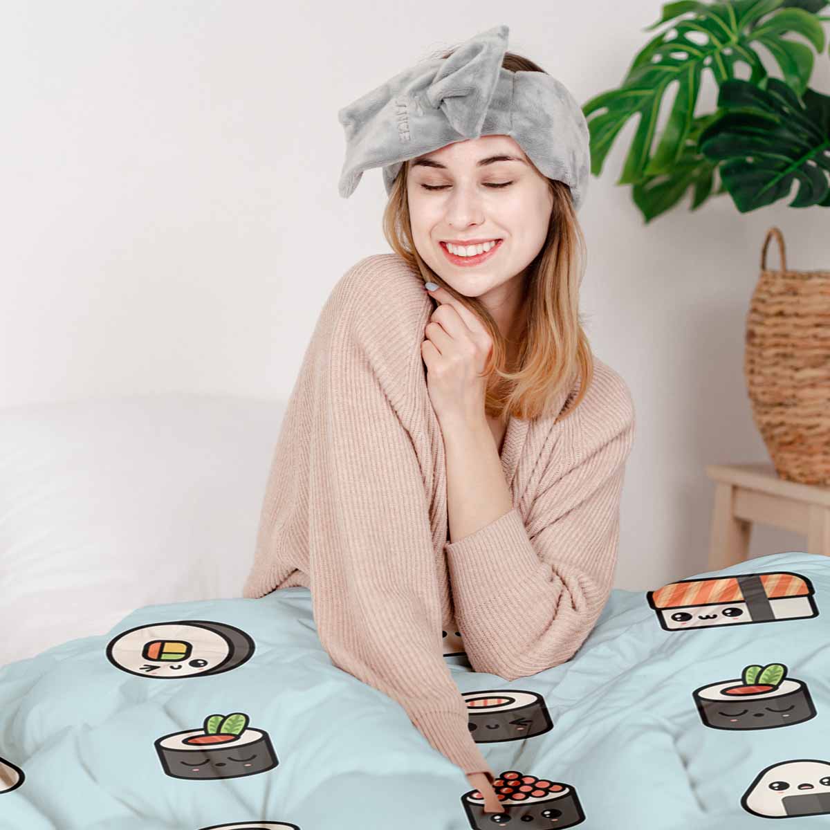 Couverture thérapeutique originale - Housse en coton bleu clair avec sushi